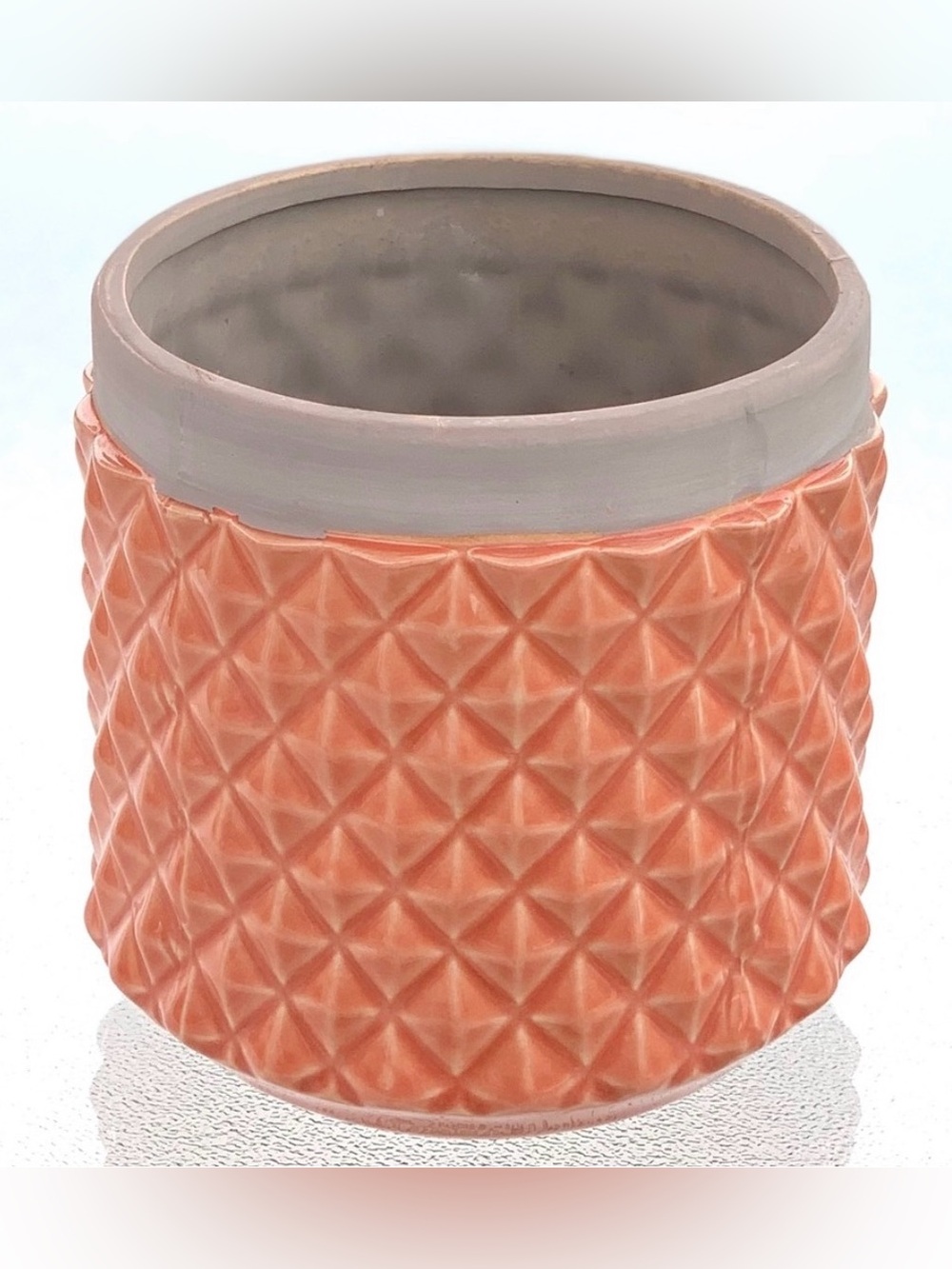 Coral Orange and Gray All-Over Diamond Pattern Textured Ceramic Flower Pot